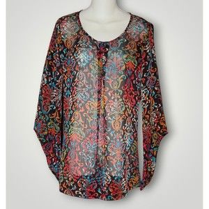 NWT Wrangler Womens S Top Multicolor Print Kimono Sleeve Sheer Western Blouse